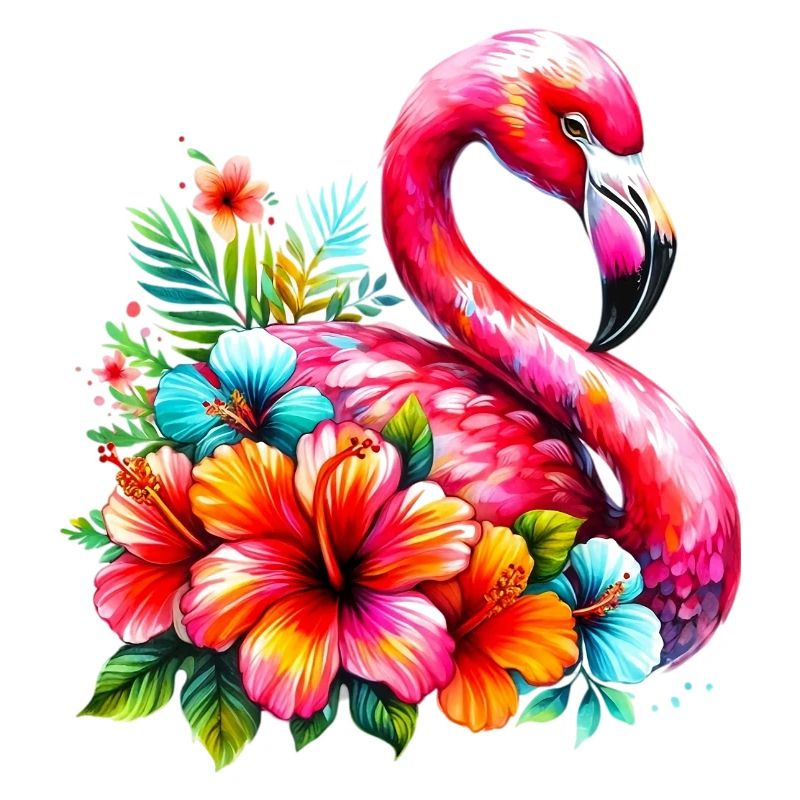 Flamant rose décoré de fleurs d’hibiscus