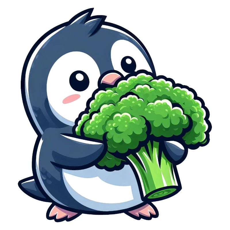 Funny Penguin with Broccoli Vegetables Vegan Comic
