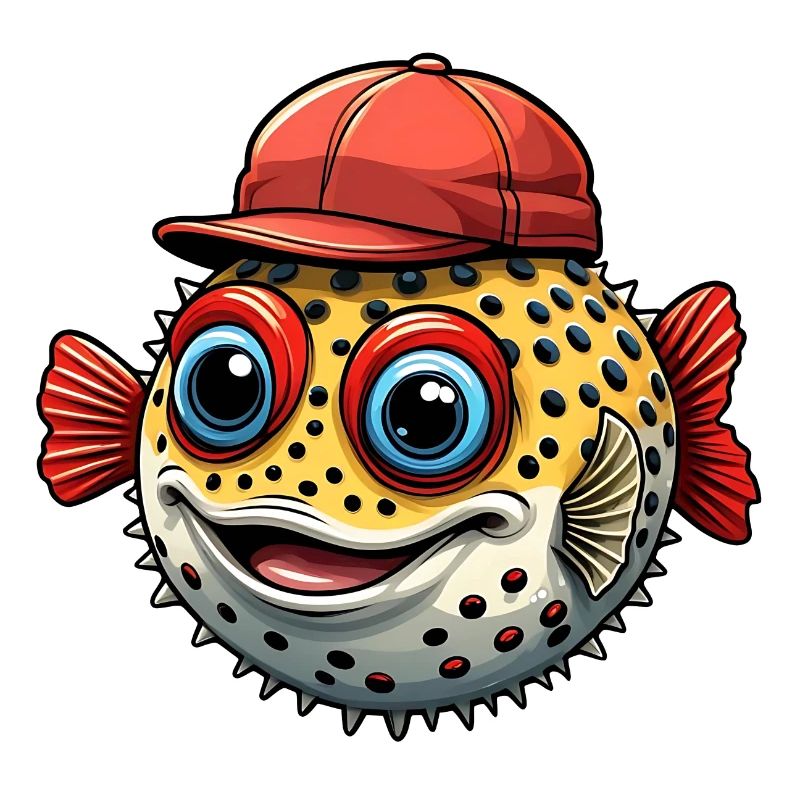 Funny puffer fish with red baseball cap
