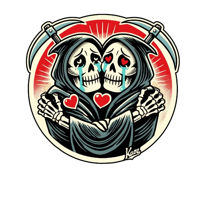 Grim Reaper twins crying and hugging each other
