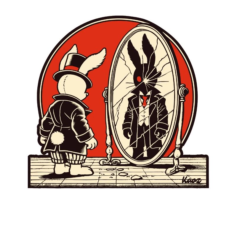 Dark rabbit in front of a broken mirror