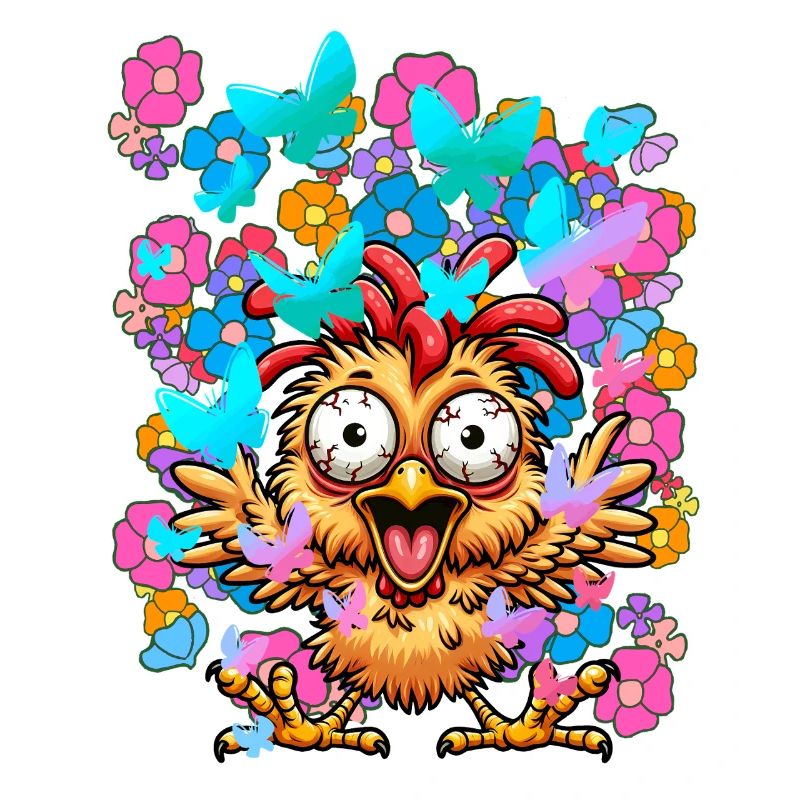 Poulet Poulets Printemps Fleurs Papillons Drôle