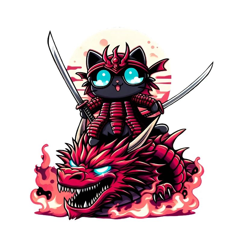 Samurai-Katze mit Schwert auf Drache in Epic Battle 3D