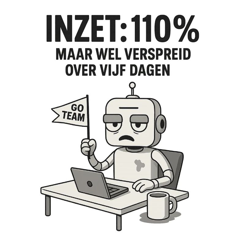 COMMITMENT: 110% – Robot at work with dry humor