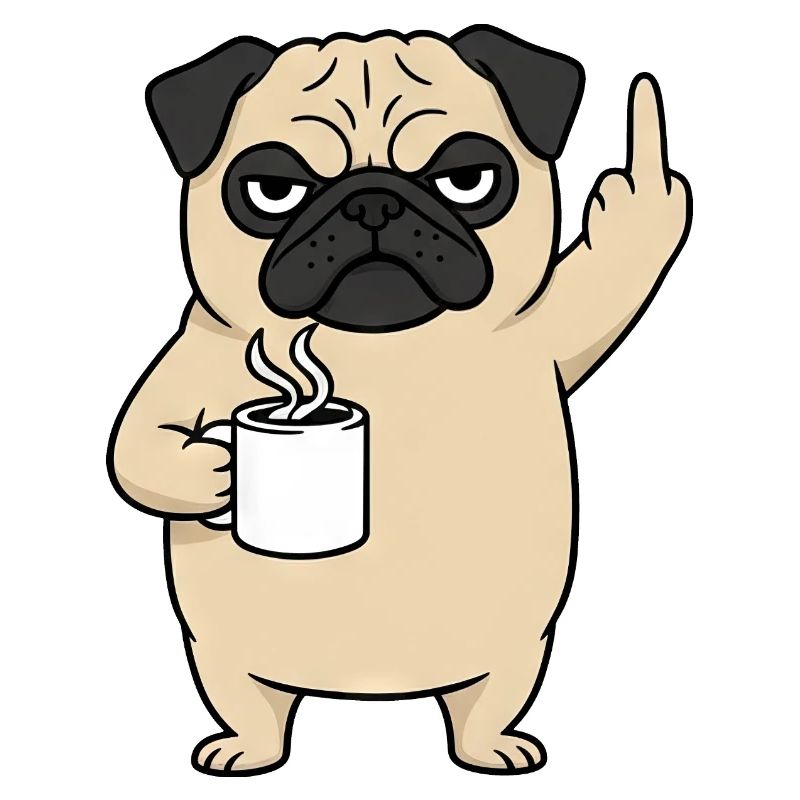 Genervter Mops mit Kaffee Mittelfinger Cartoon