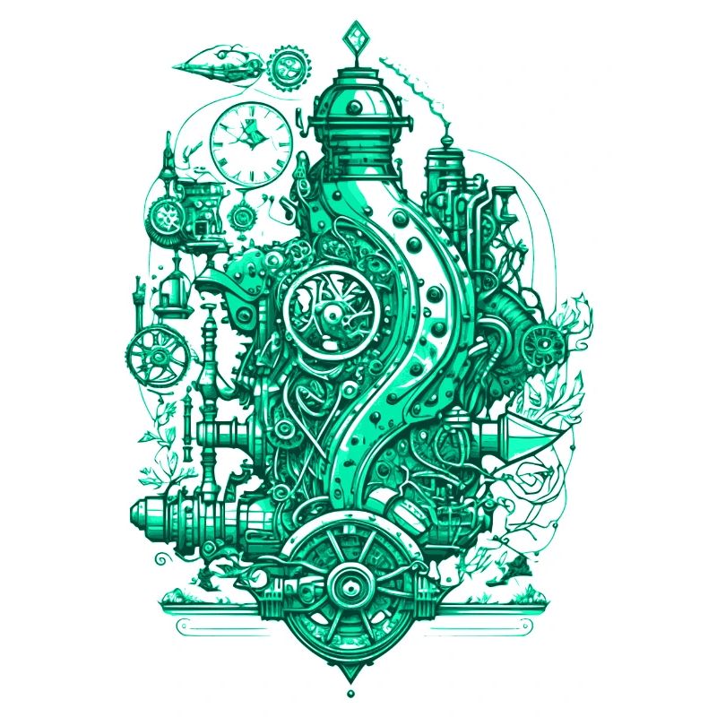 Steampunk steam engine with clockwork and technology