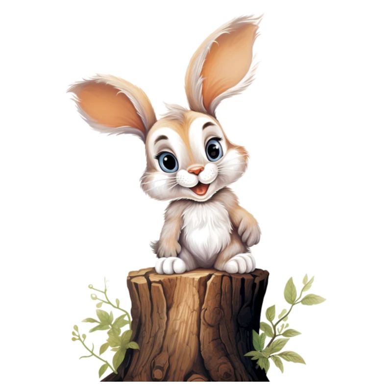 Cute bunny sitting on a tree trunk and smiling