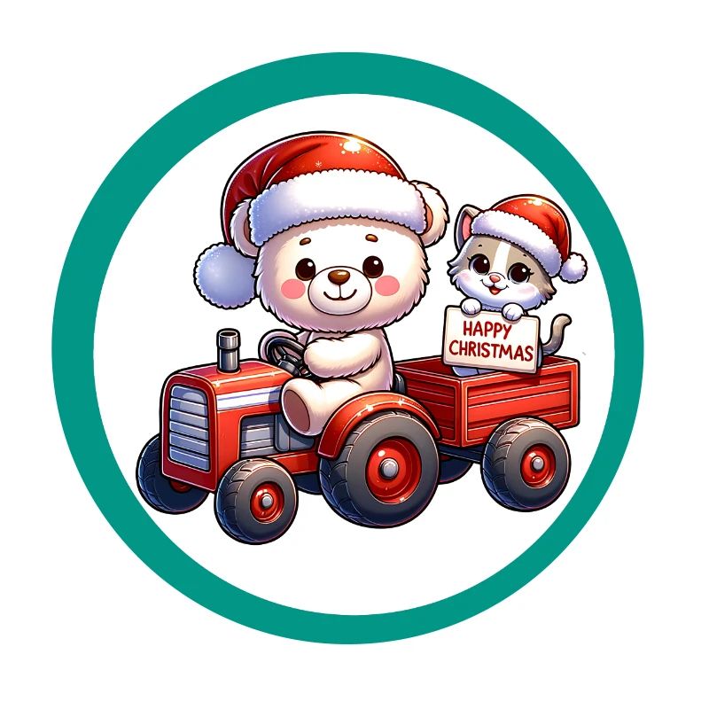 Teddy bear and kitten driving tractor with trailer