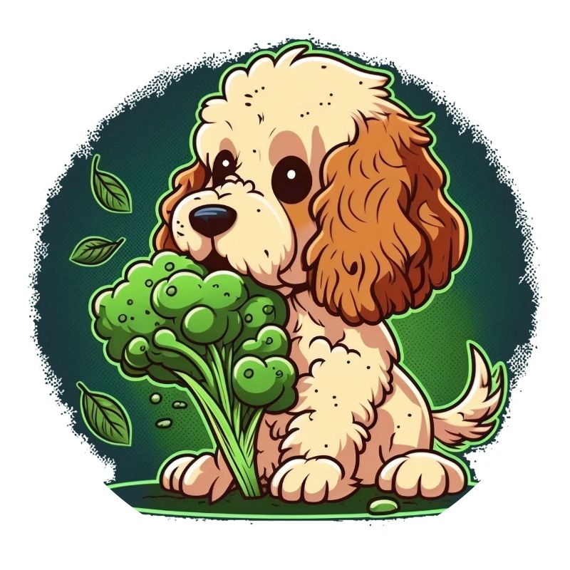 Cute dog eats green broccoli green vegetables