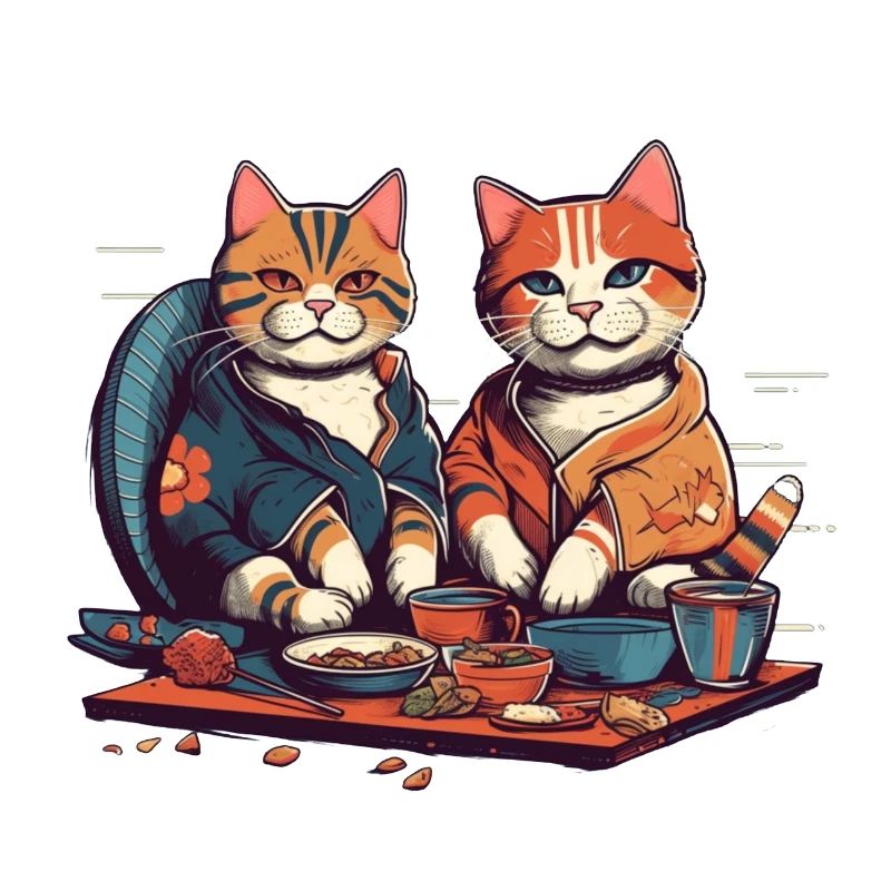Comic cats eat sushi together