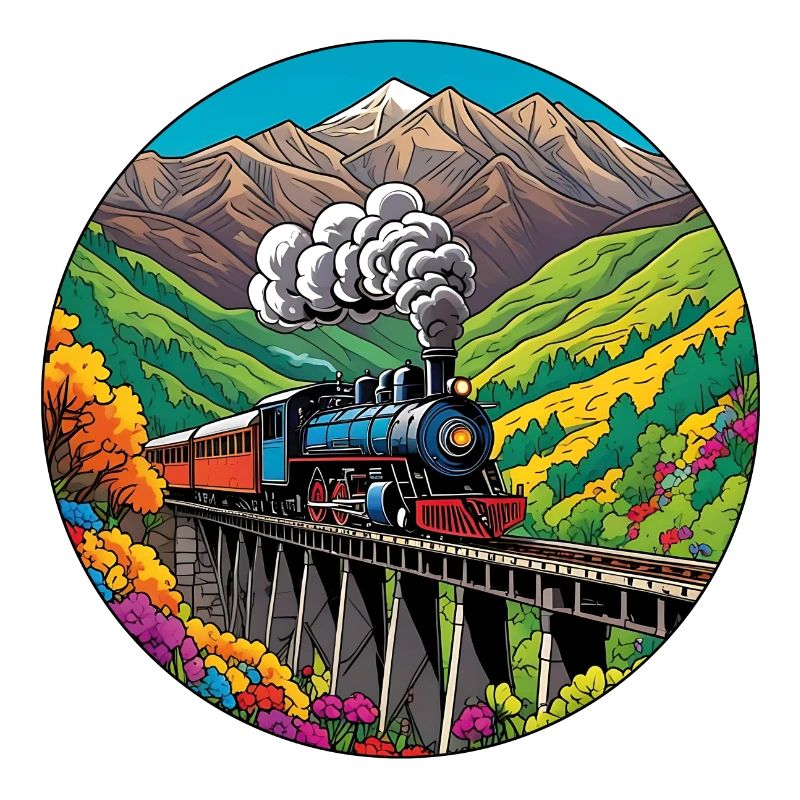 Bunter nostalgischer Eisenbahnzug mit Dampflok