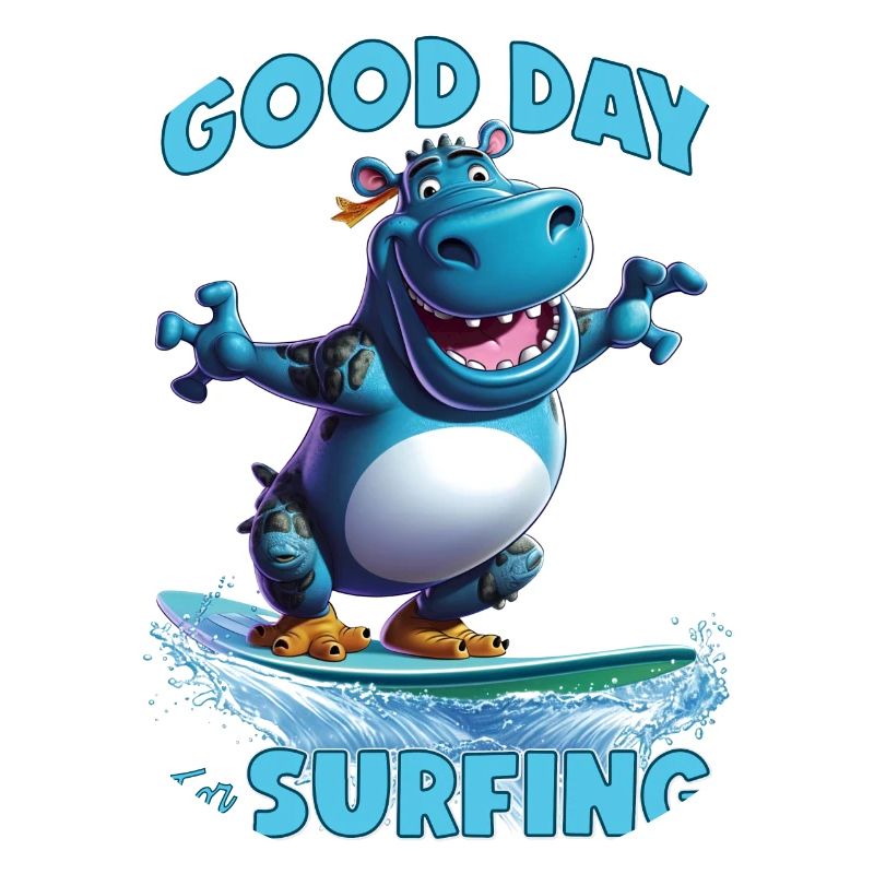 Drôle d’hippopotame avec une planche de surf - surfeur