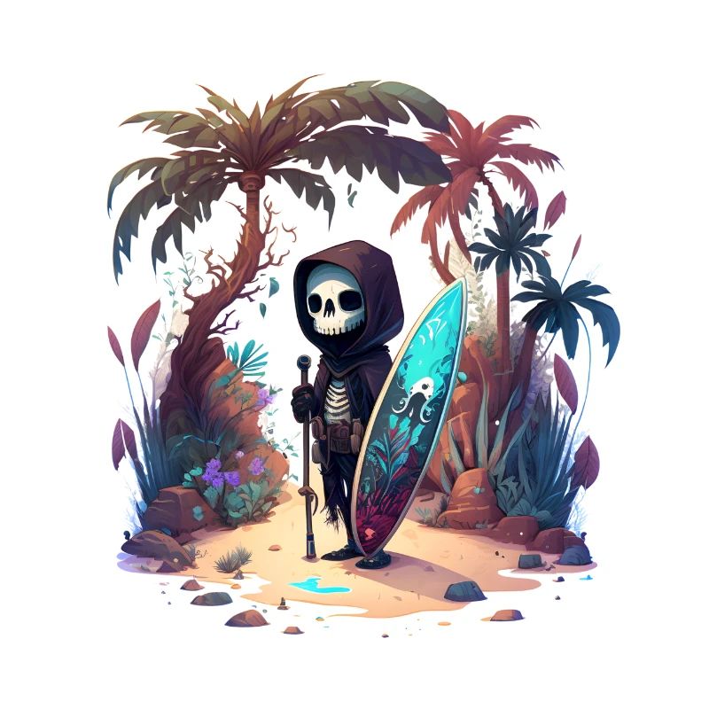 Surfer Grim Reaper under palm trees