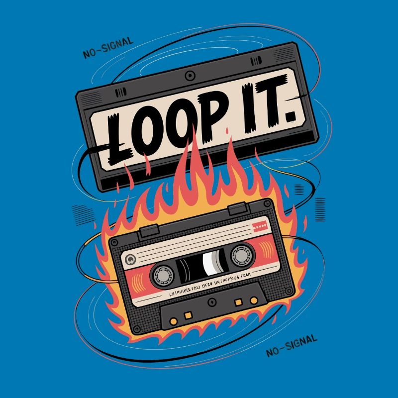 Retro cassette with "Loop It" flame design