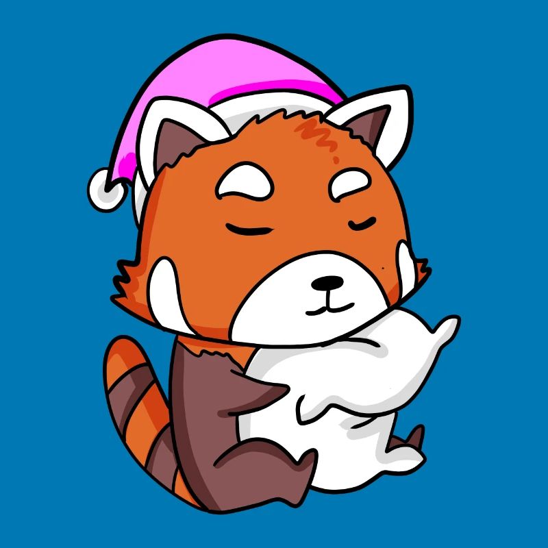 red panda with pillow and sleeping cap
