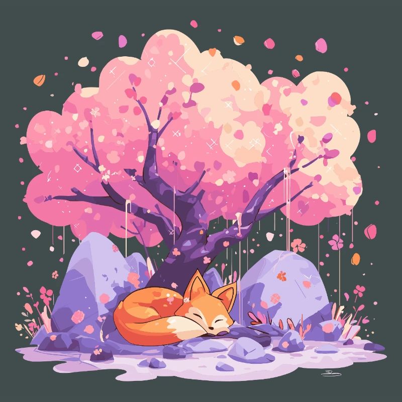 Sleeping fox under cherry tree