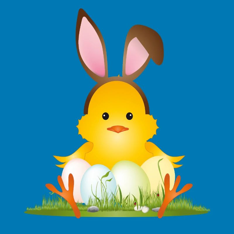 Cute Easter chick with bunny ears & Easter eggs