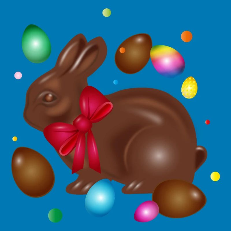 Chocolate Easter bunny with colorful Easter eggs