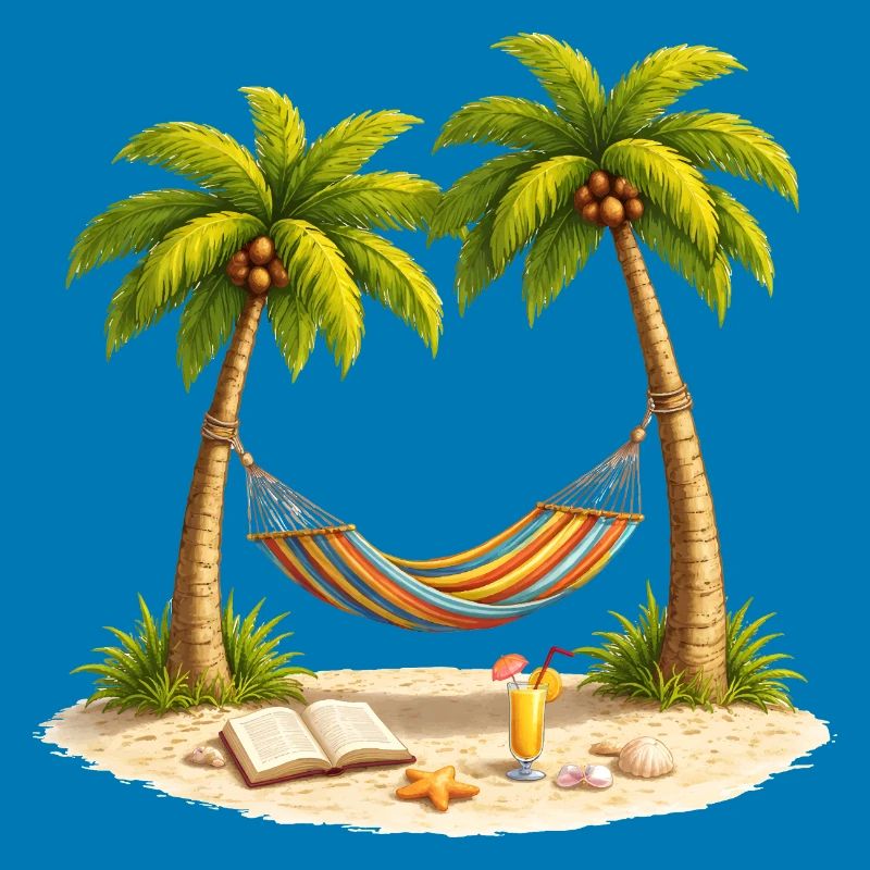 Hammock between palm trees on the beach