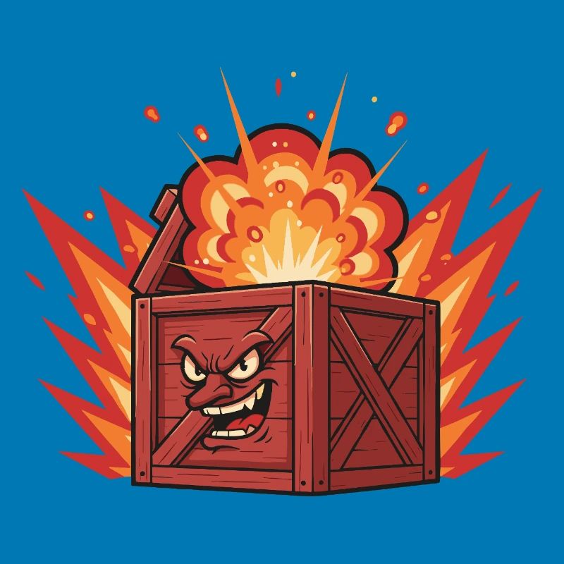 Exploding wooden box with a grim face