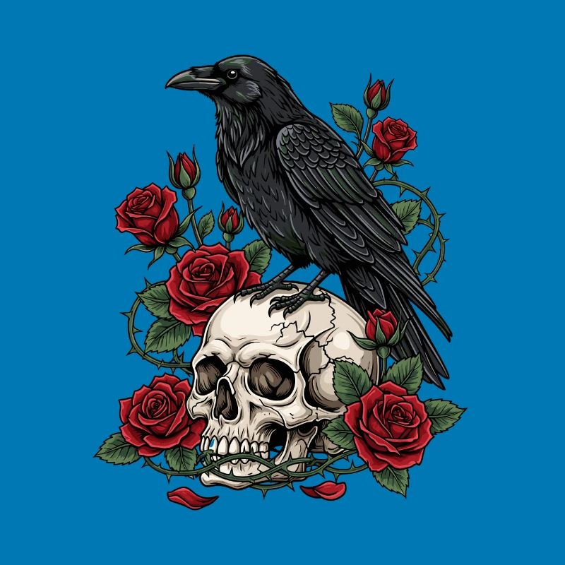 Mitternachtskrähe auf Totenkopfrosen