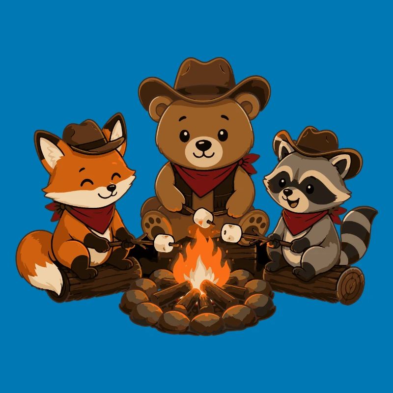 Camping animals around the campfire with marshmallows