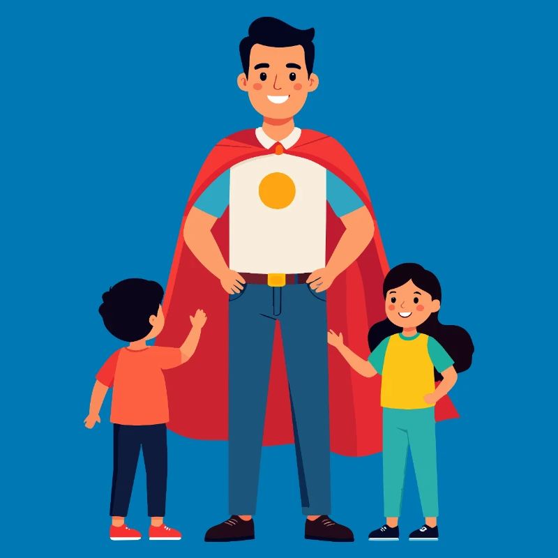 Erzieher Held oder Heldenvater mit Cape und Kinder