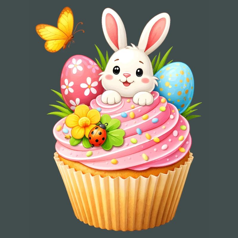 Cute Easter Bunny Cupcake with Colorful Easter Eggs