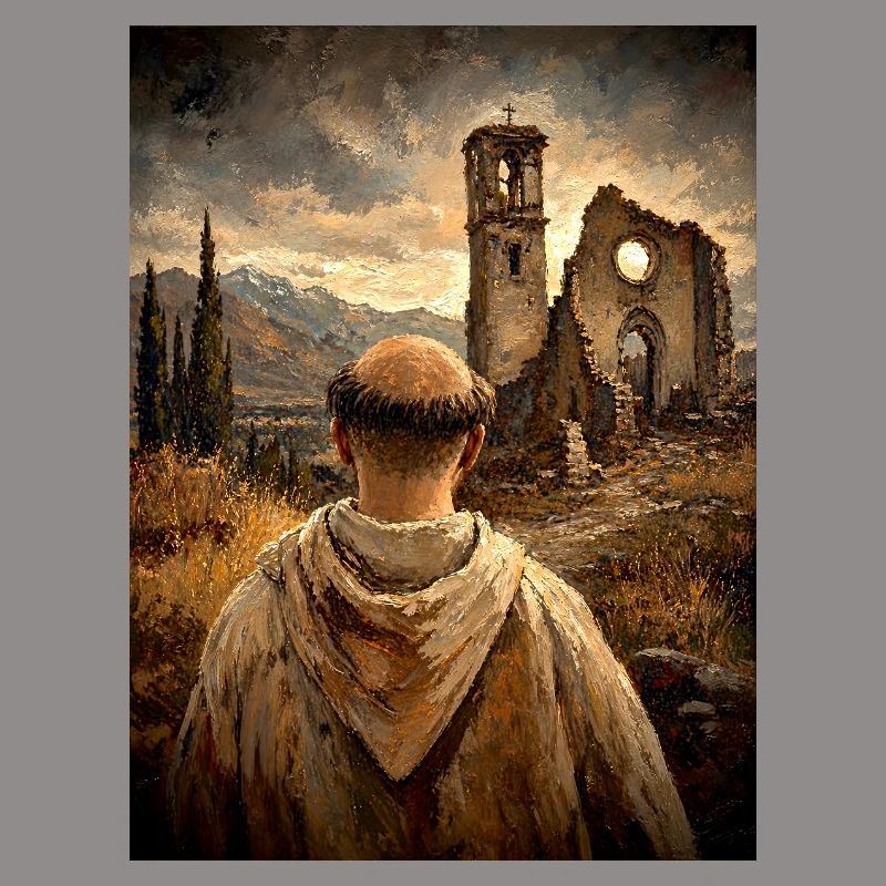 Moine devant les ruines au coucher du soleil