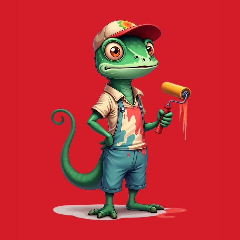 Chameleon painter cartoon with paint roller