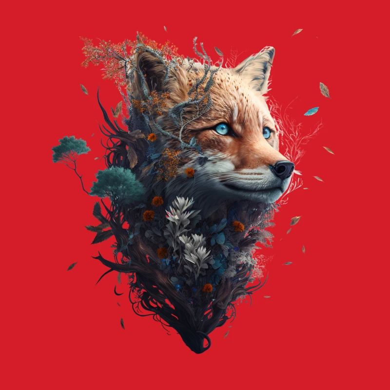 Abstract fox's head protruding from a forest