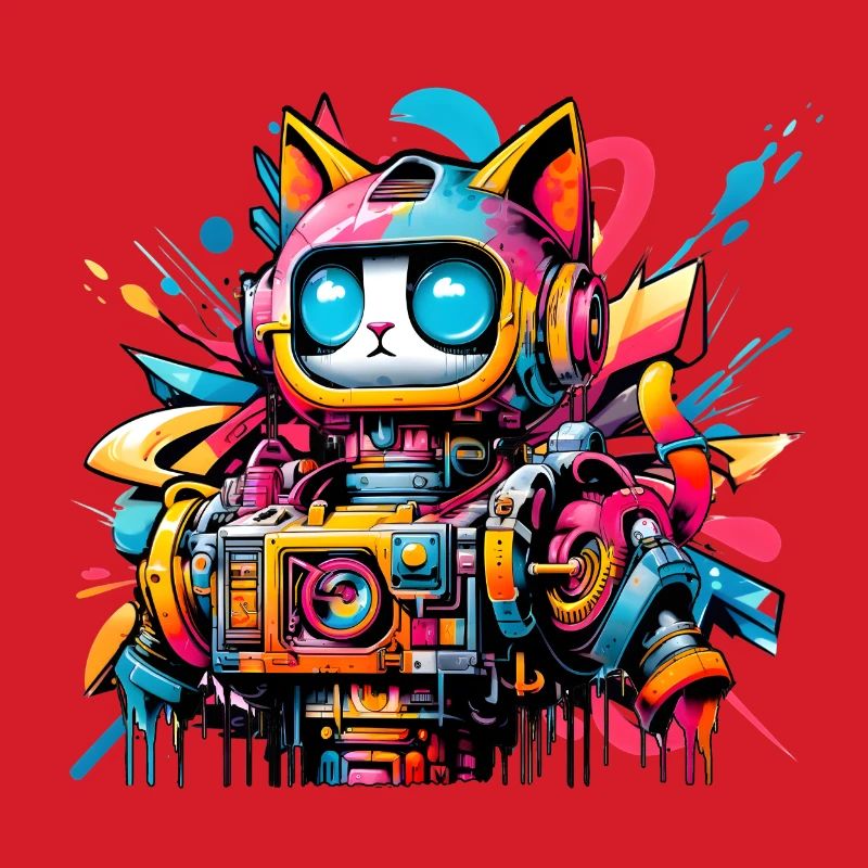 Chat conçu comme un robot dans le style graffiti de la bande dessinée