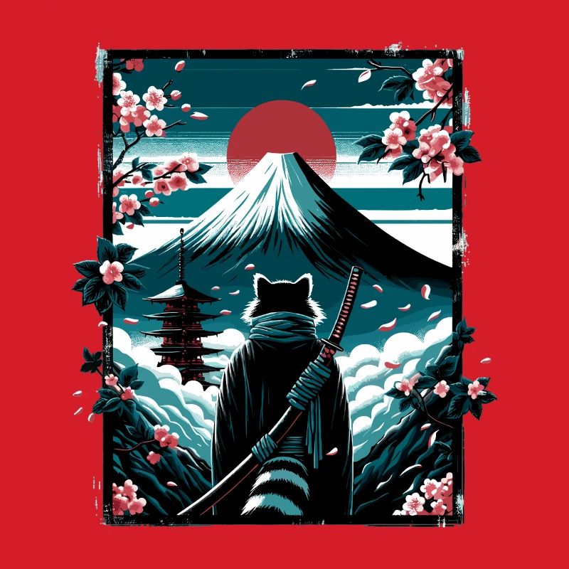 Chat avec une épée de samouraï devant Fuji