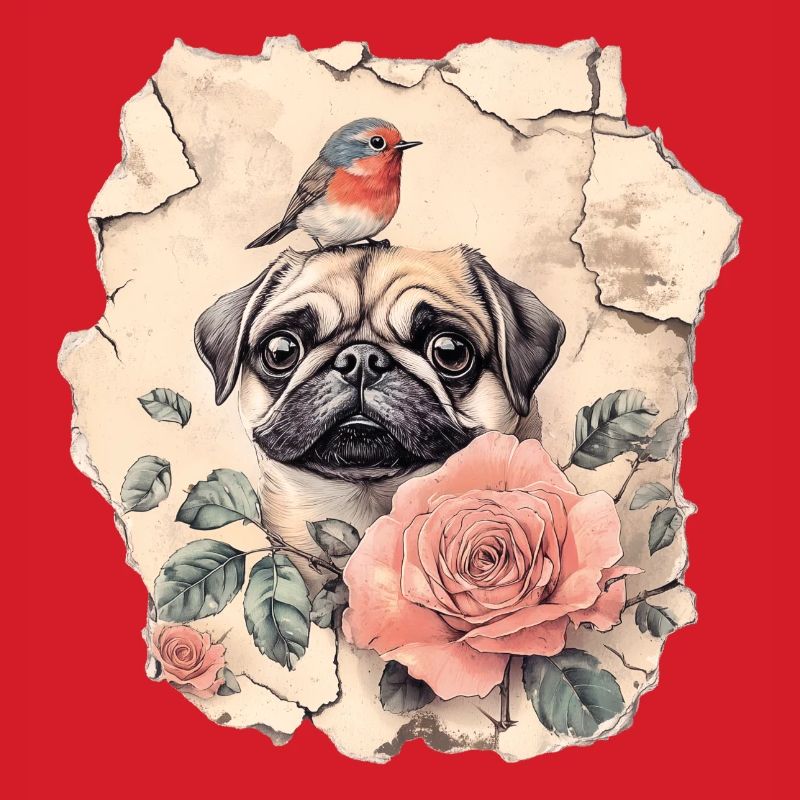 Mops mit Rotkehlchen