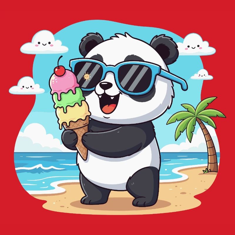 Panda am Strand mit Eiscreme