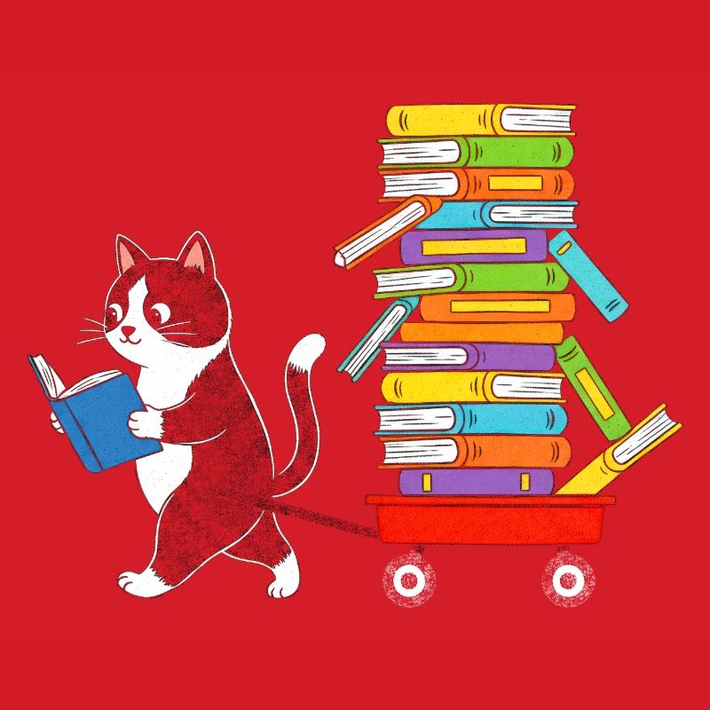 Reading kitten pulls book trolley