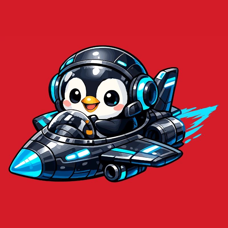 Neon penguin pilot in rocket jet