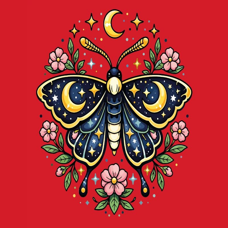 Papillon céleste lune fleurs étoiles