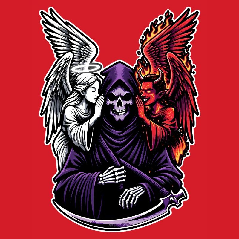Sensenmann mit Engel und Dämon