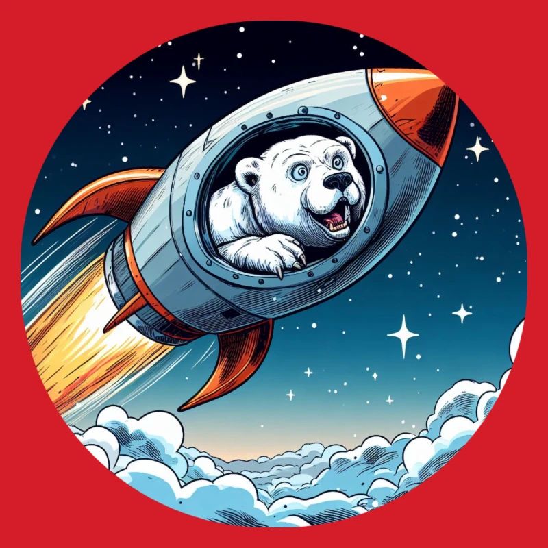 aufgeregter Eisbär in einer Rakete Comic