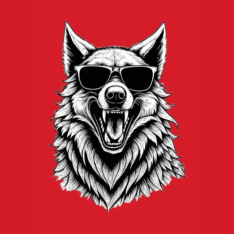 lachender Wolf mit Sonnenbrille