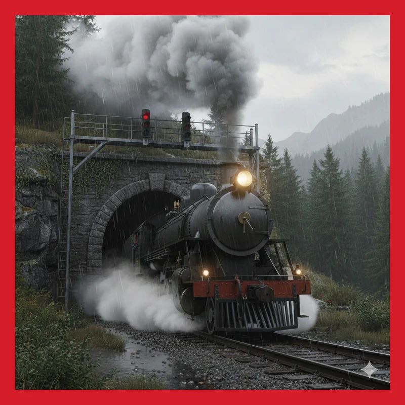 Dampfzug durch den Wald am Tunnel