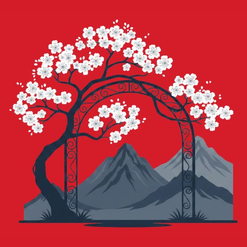 Sakura Bogen über Bergkette