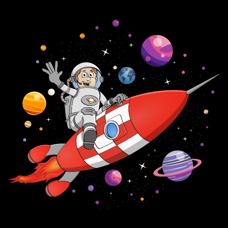 The astronaut and the red rocket in space.
