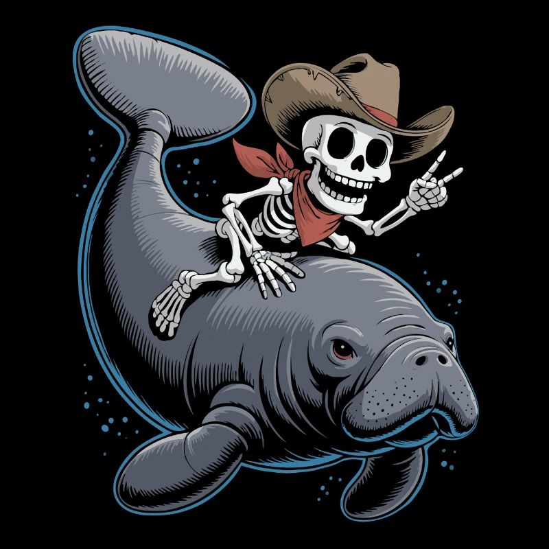 Skeleton cowboy riding manatee