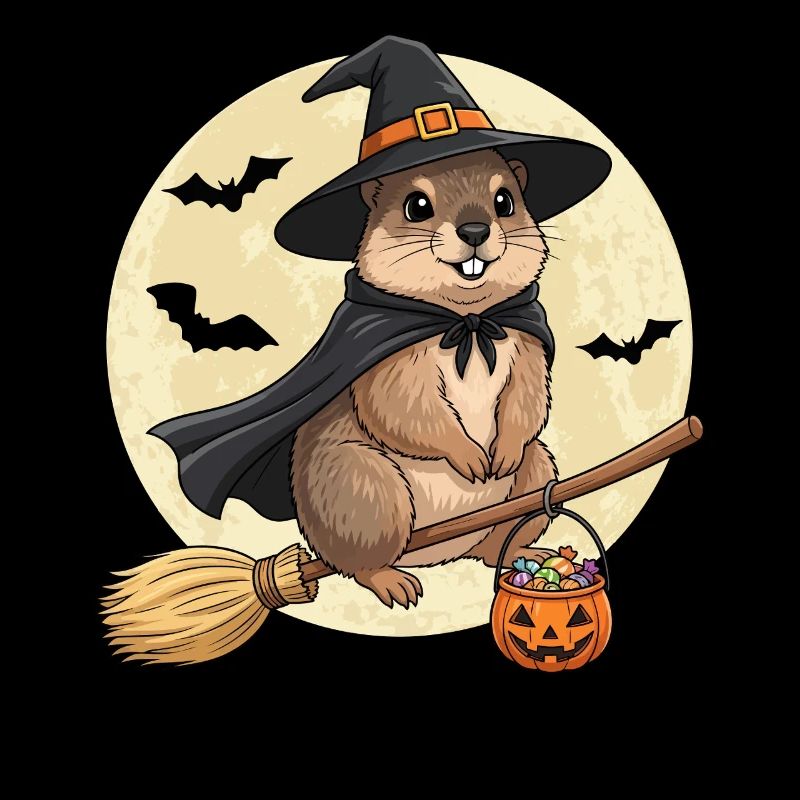 Cute Groundhog Witch Halloween Pumpkin Full Moon