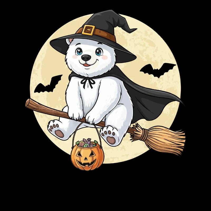 Cute Polar Bear Witch Halloween Pumpkin Full Moon