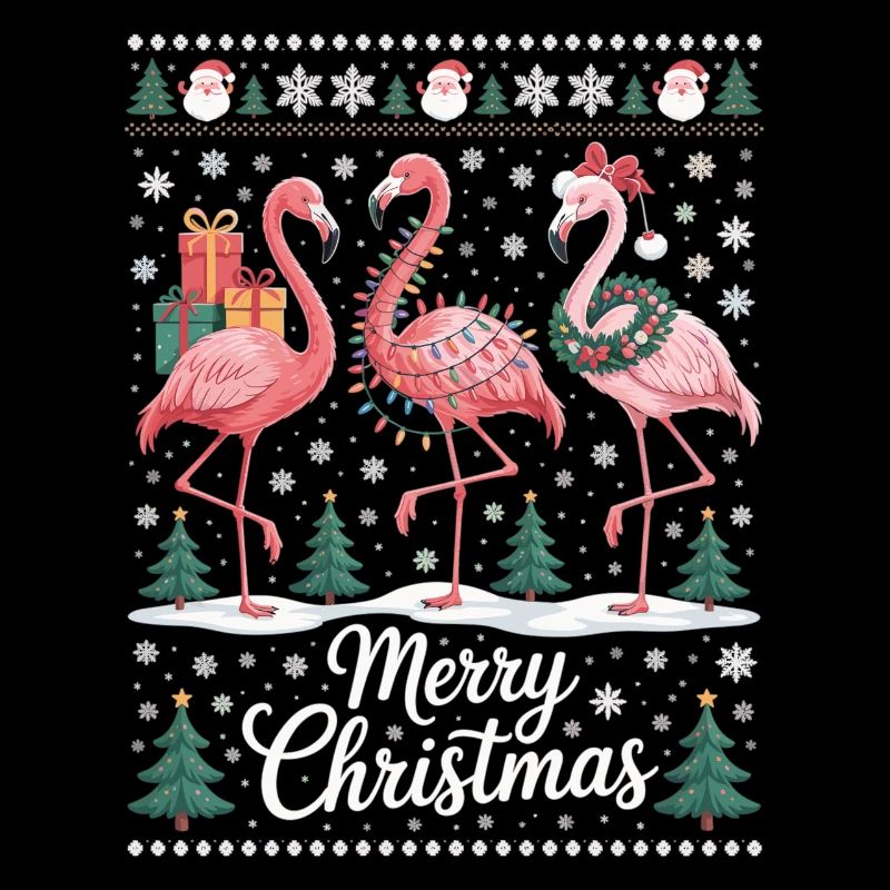 Weihnachtsflamingos mit Schneeflocken und Deko