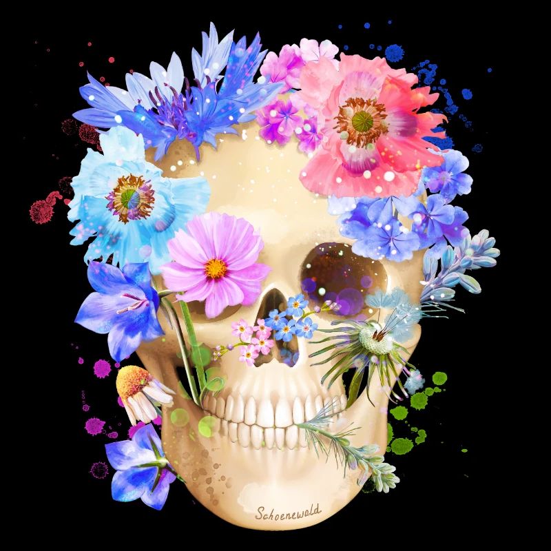 Crâne coloré avec des fleurs de pavot