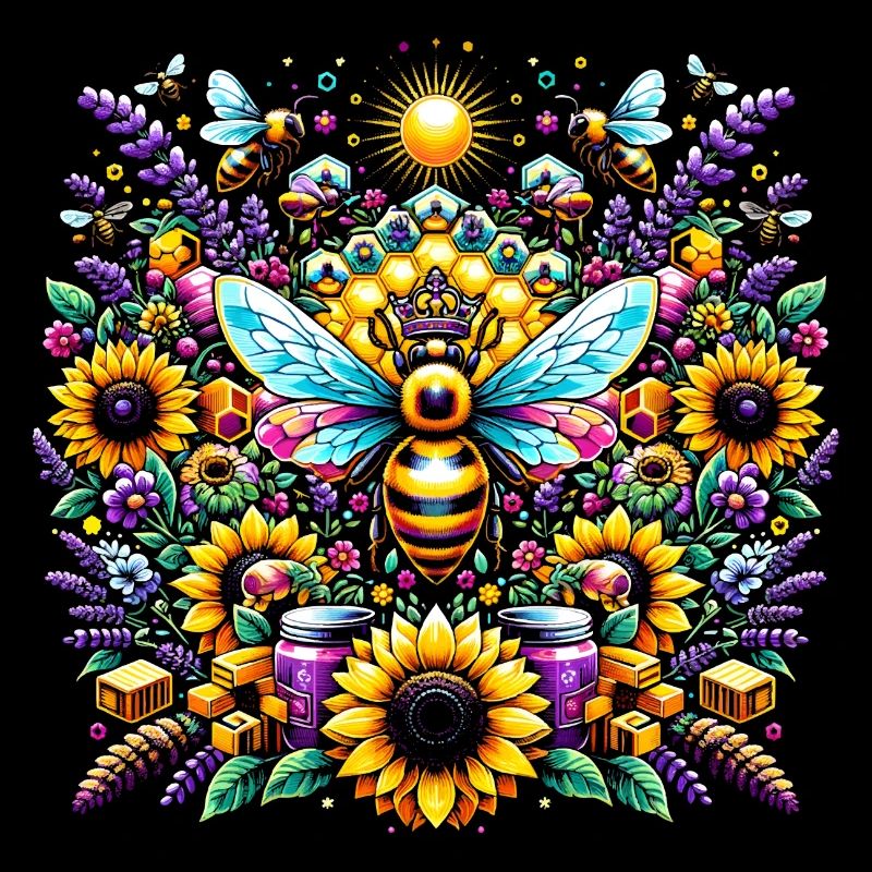 Vibrant, colorful artwork with bees